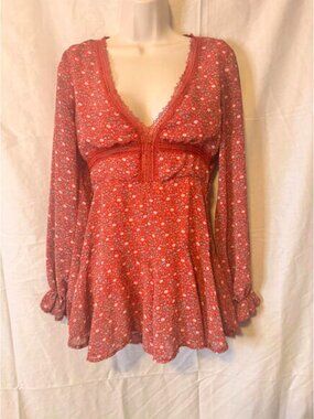 Morning Mist Women's Floral Print Long Sleeve‎ Dress Red Size 8